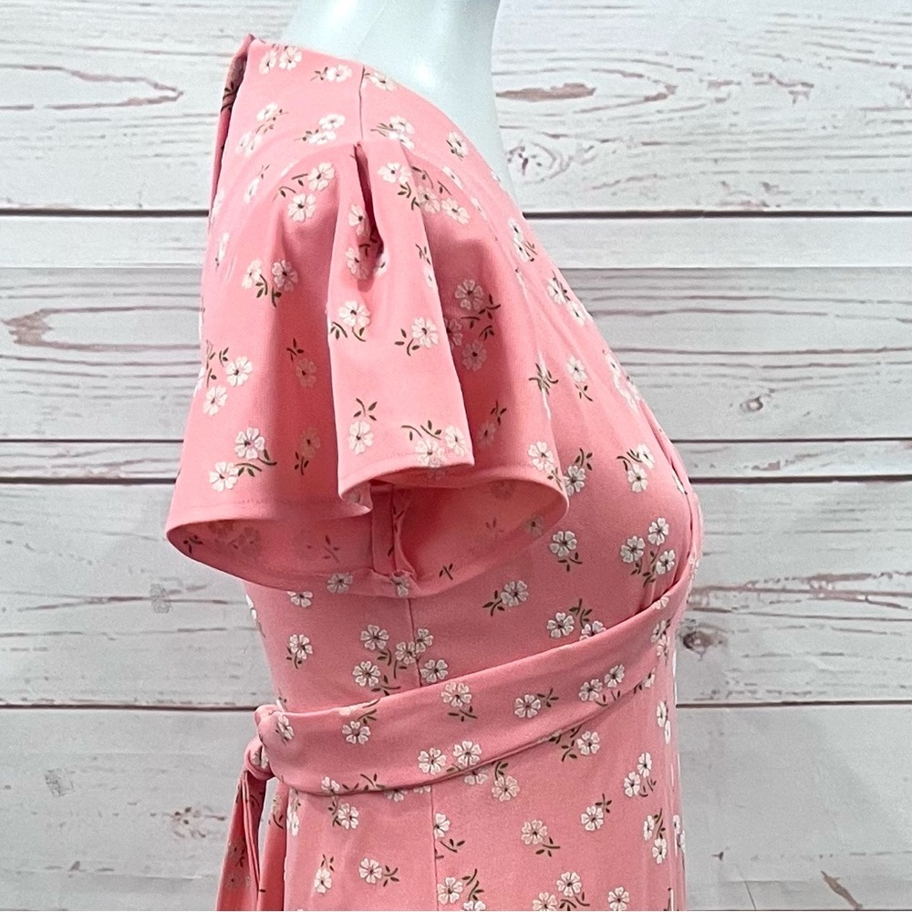 Vintage Coral Peach Ditzy Floral Daisy Cottagecore Flutter Sleeve Maxi Dress - Picture 9 of 11